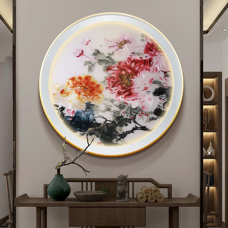 新中式玄关装饰画山水画刺绣挂画圆形餐厅客厅背景墙壁画发光灯画图片
