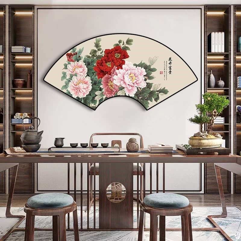扇形装饰画牡丹花挂画门顶扇面客厅卧室床头壁画新中式花开富贵图图片