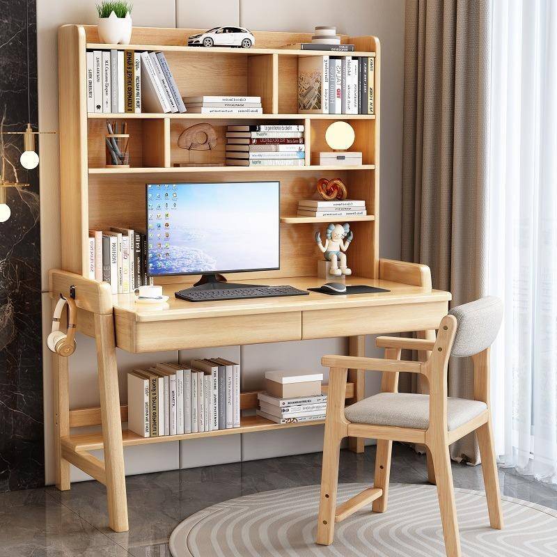 实木台式电脑桌书桌书架组合一体桌简约家用卧室儿童学生写字桌子
