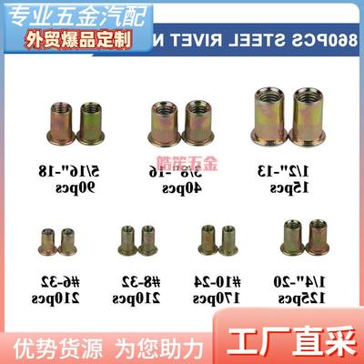 860PCS铆螺母套装镀锌平头竖条纹紧固件内外六角英制拉铆螺母