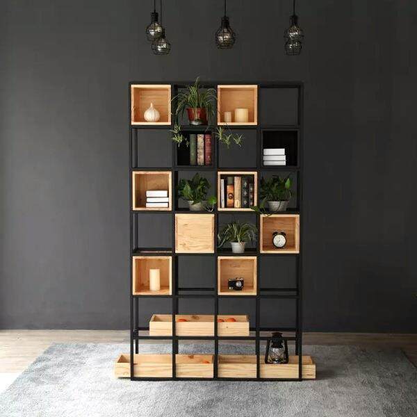 屏风隔断置物架书架工业风玄关格子架美式loft办公室铁艺隔板架子