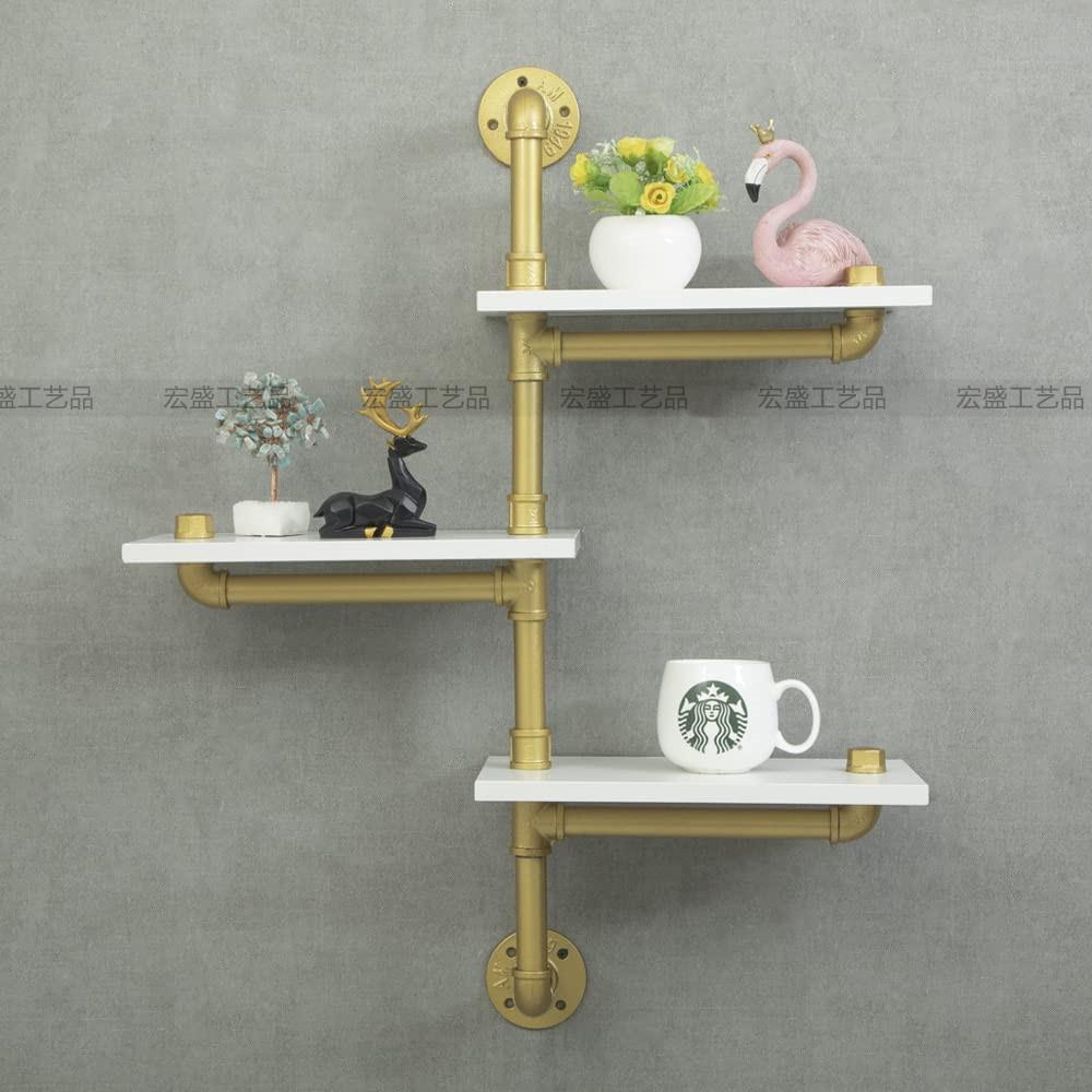 实木墙上置物架金色三层书架铁艺水管墙面一字隔板客厅层板壁挂架