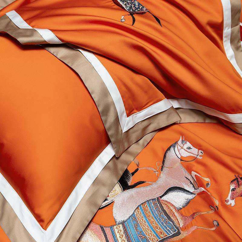 欧美风轻奢100S贡缎长绒棉刺绣四件套全棉骏马被套别墅床上用品++