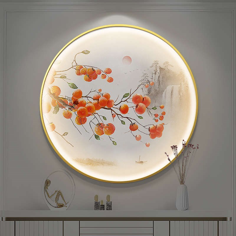 现代玄关装饰画圆形手绘油画新中式客厅餐厅山水风景事事如意挂画图片