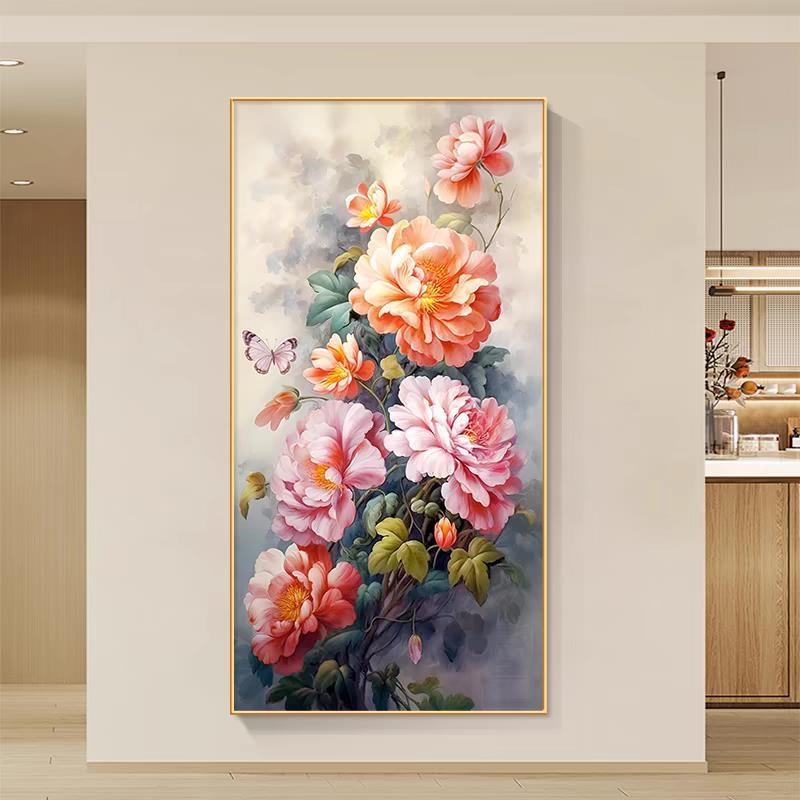 牡丹花玄关装饰画进门简约新中式大气高档壁画走廊过道花开富贵画图片