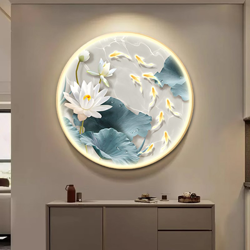 现代简约九鱼图玄关装饰画客厅入户门荷花九鱼壁灯画走廊过道挂画图片