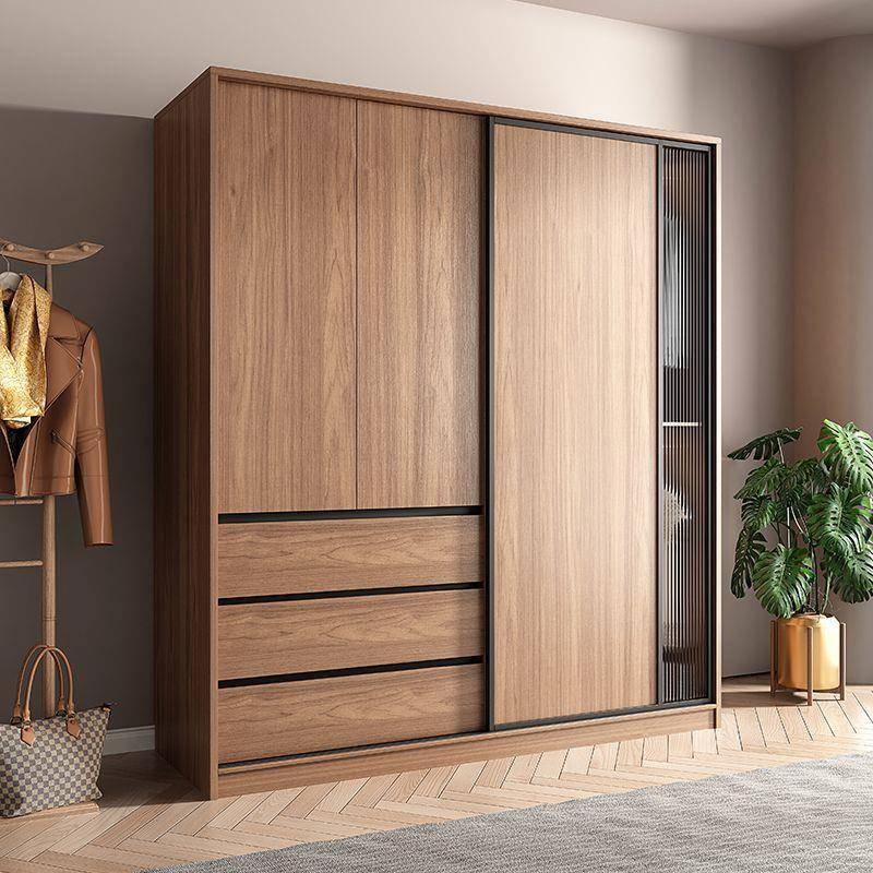 现代简约玻璃小户型组合移门柜子北欧胡桃木色推拉门衣柜家用卧室