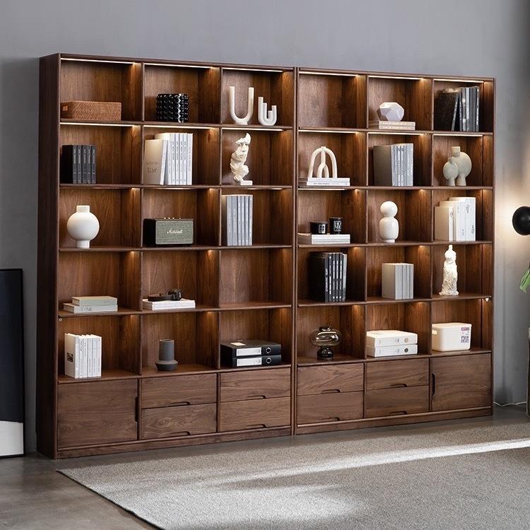 北欧实木北美黑胡桃木日式简约书柜客厅落地带门多层书架组合书房