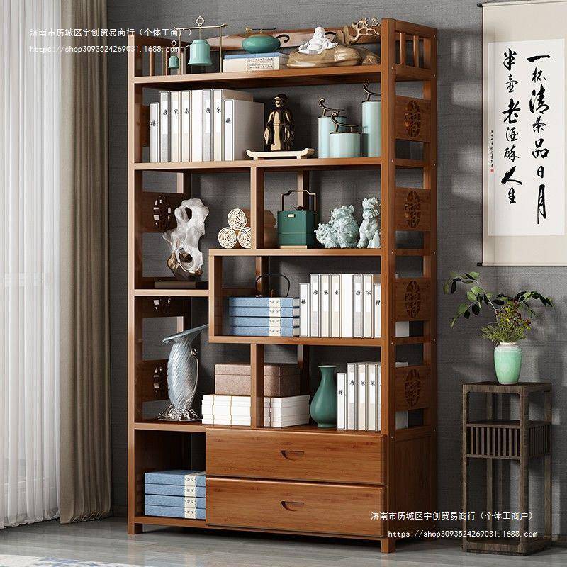 楠竹中式书架楠竹多层置物架带门书柜落地收纳架办公室带抽博古架