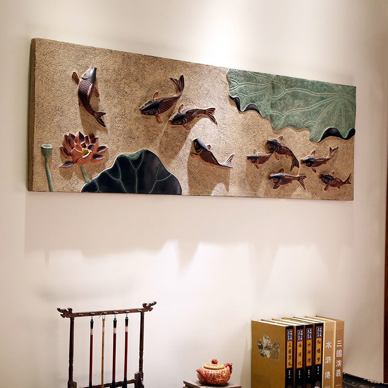 新中式浮雕墙壁画条古典壁饰戏莲香装饰画鱼鱼挂件立体客厅九创意图片