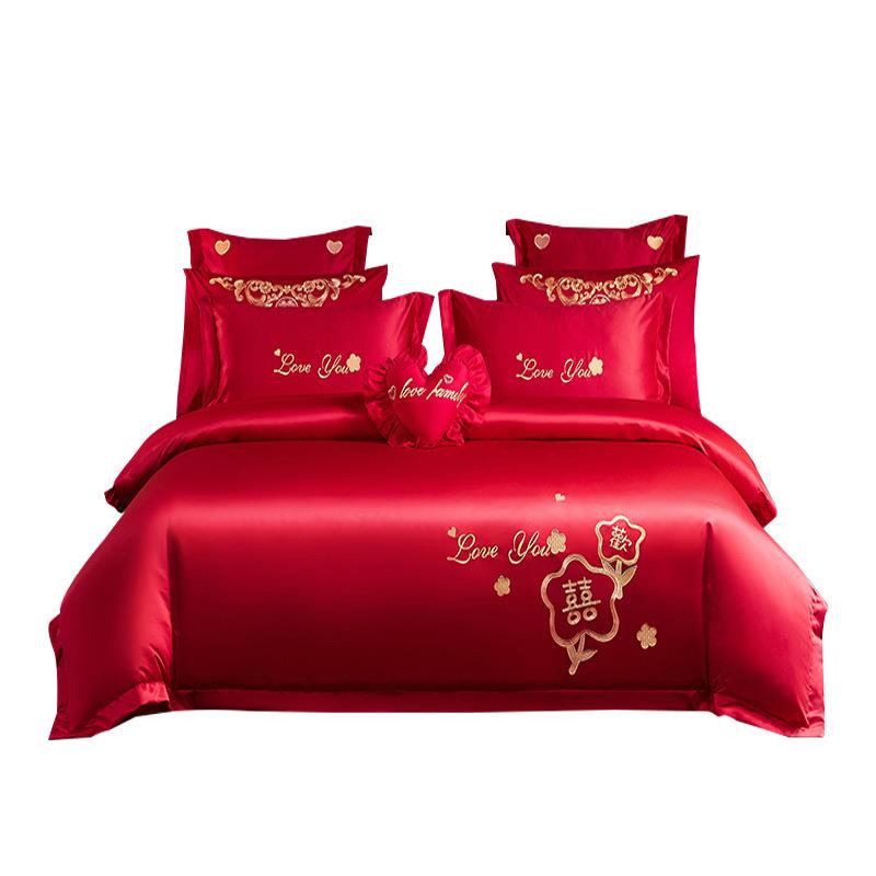 ZQ磨毛新婚庆四件套加厚大红色刺绣结婚婚嫁床单被套床上用品六件
