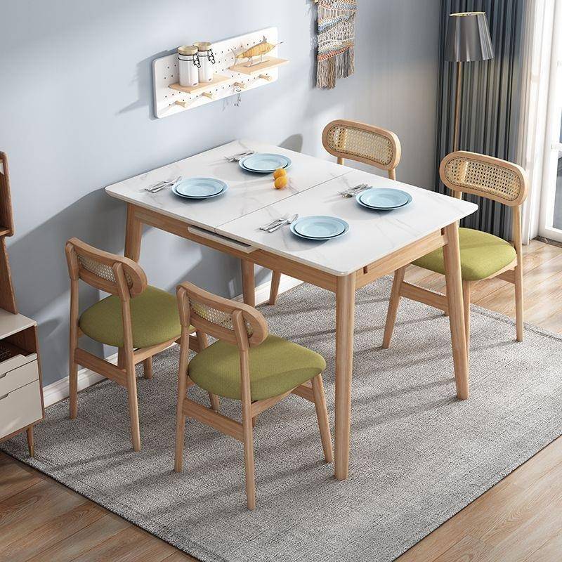实木伸缩餐桌北欧家用小户型餐桌椅组合现代简约原木折叠岩板饭桌