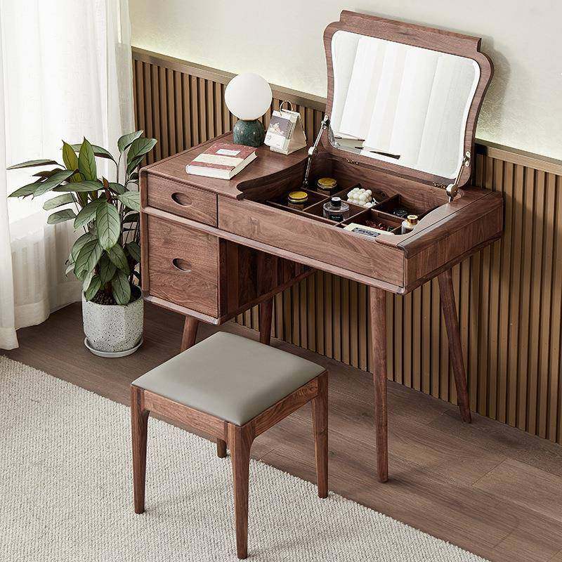 北欧黑胡桃木梳妆台卧室现代简约化妆桌全实木化妆台一体储物桌
