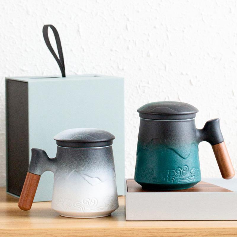 渐变色大容量办公杯茶水分离茶杯男士泡茶杯带盖过滤陶瓷马克杯