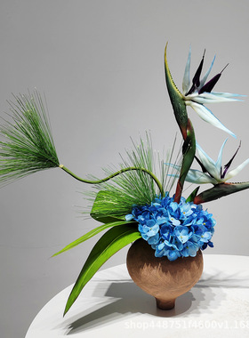 现代蓝色仿真花假花陶瓷花器插花整体拍摄道具花艺家居装饰品摆件