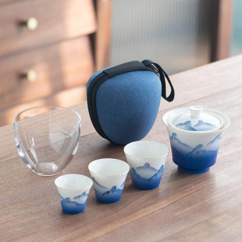 手绘高山流水快客杯一壶三杯便携包式旅行茶具套装随身泡茶壶