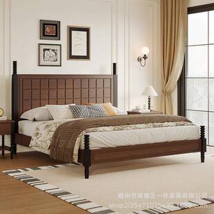 法式中古风实木床现代简约1.8双人床美式复古高级感主卧大床婚床