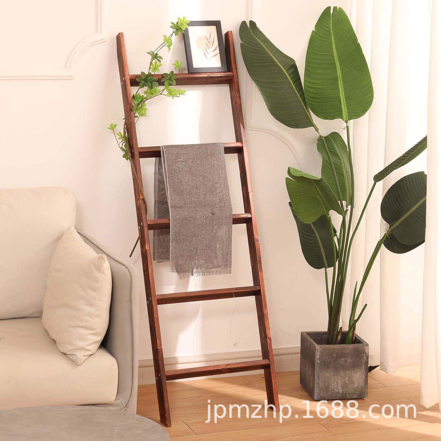 木质梯子置物架毛毯架客厅浴室落地式毛巾架靠墙被子架实木晾晒架