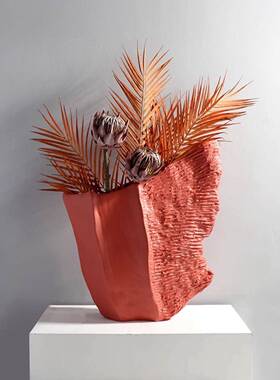 简约现代创意几何艺术红色花瓶摆件样板房售楼处客厅家居装饰花器