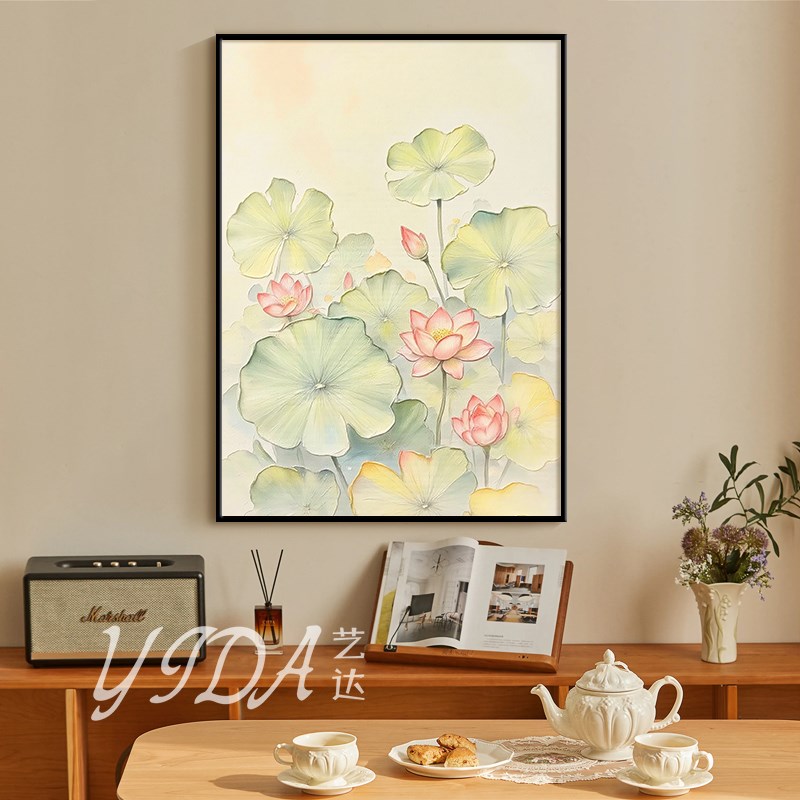 宋代美学莲莲高升手绘油画莲花客厅肌理画荷花装饰画中式玄关挂画图片