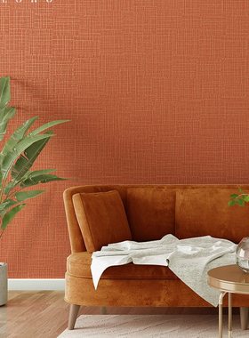 素色橙色红墙纸亚麻故宫卧室背景墙中式古风壁纸家用客厅橘色红色