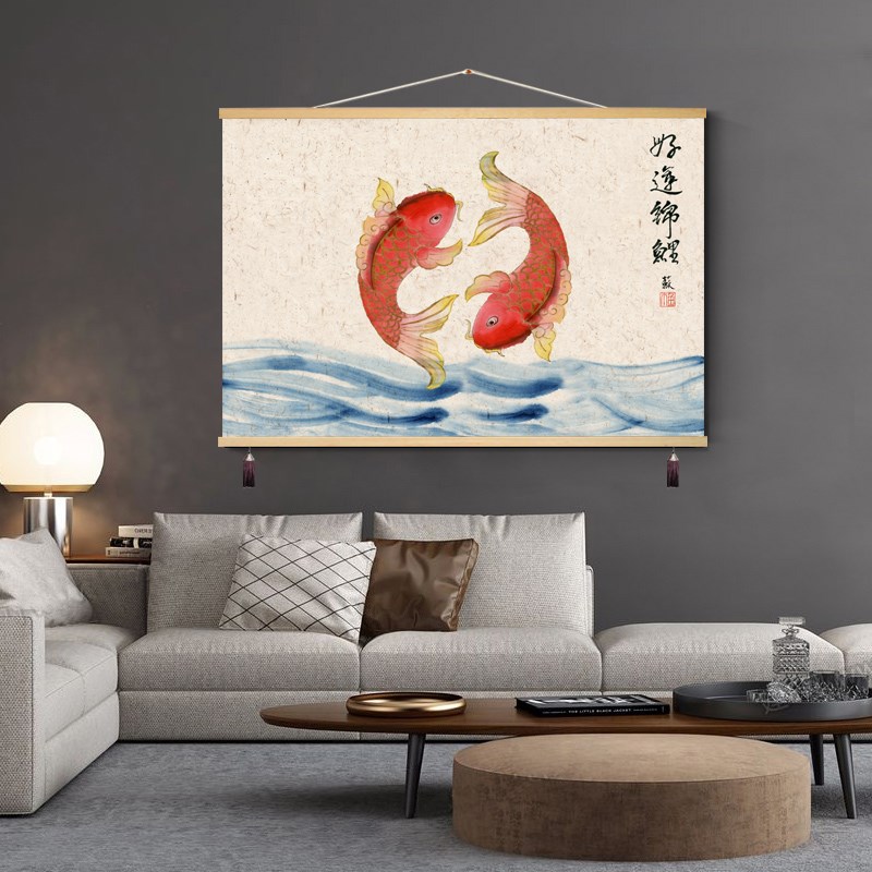 新中式锦鲤年年有余餐厅装饰画沙发背景墙画书房中国风布艺挂画图片