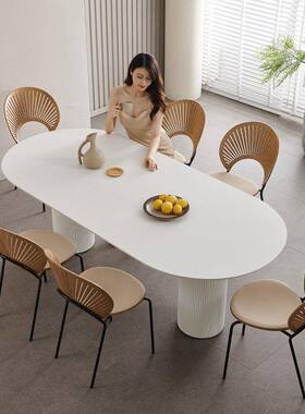 白色德利丰岩板餐桌家用长方形奶油风北欧现代实木岛台圆形极简