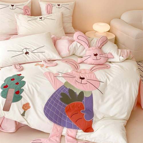 可爱小怪兽贴布绣全棉水洗棉四件套1.5/1.8米儿童宿舍纯棉三件套