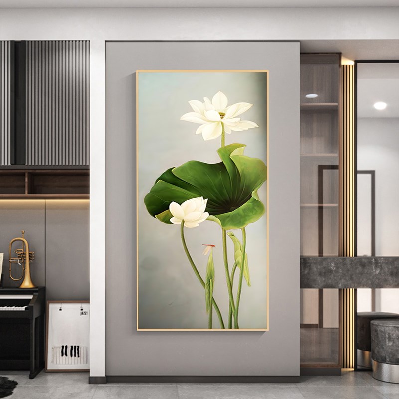 荷花玄关装饰画现代简约入户客厅走廊过道墙壁画新中式挂画竖版图片