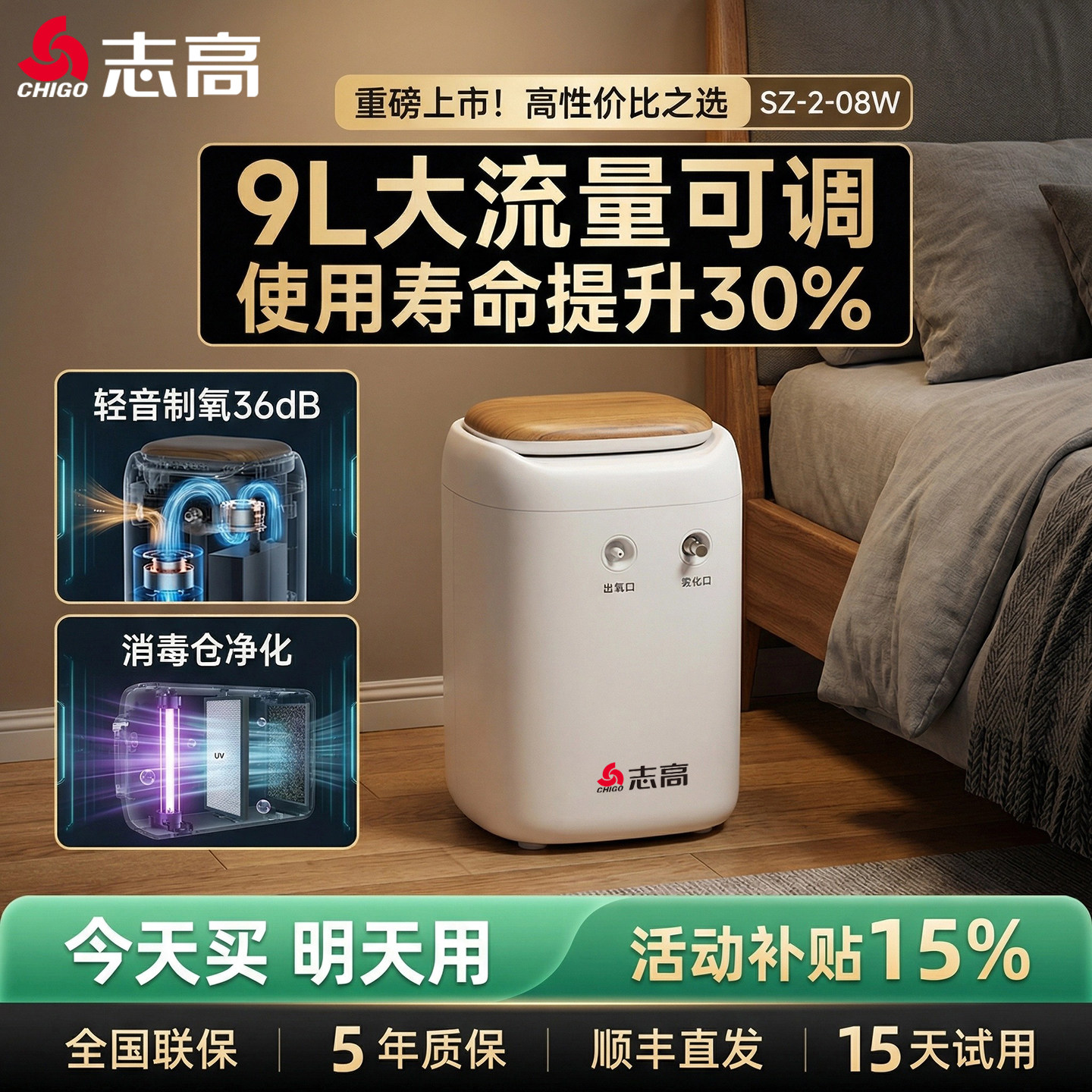 志高家用制氧机吸氧呼吸机小型吸氧机氧气机老人孕妇专用慢阻肺5L