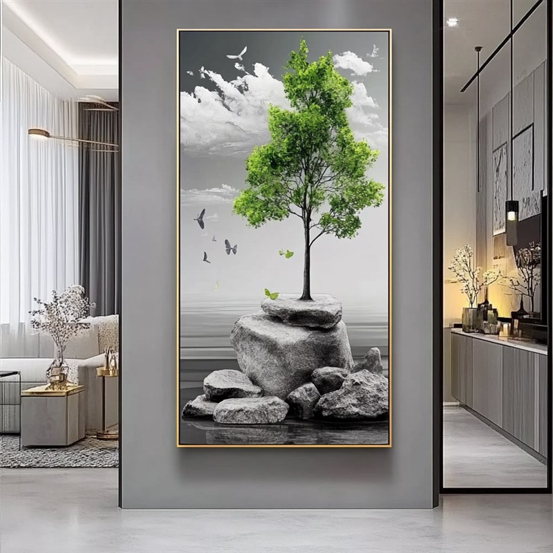 轻奢入户玄关镶钻晶瓷装饰画竖版走廊发财树福鹿石来运转过道壁画图片