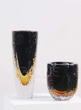轻奢现代风创意锤纹切割黑色渐变琥珀琉璃花瓶样板间客厅软装摆件