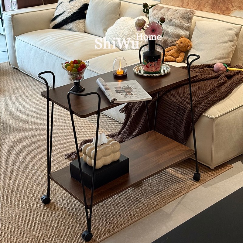 简约北欧小推车实木边几置物架沙发移动茶几铁艺餐车中古风茶水车