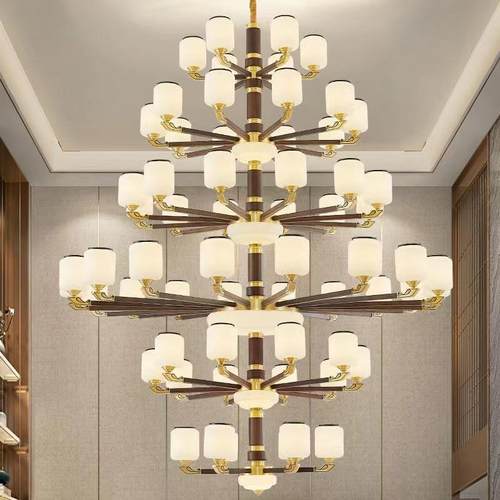 复式楼全铜大吊灯新中式实木中国风别墅挑空跃层楼中楼梯客厅长灯