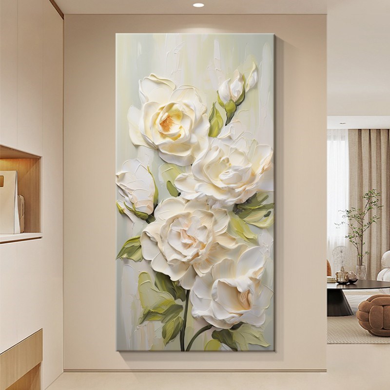 奶油风立体浮雕花卉玄关装饰画抽象艺术走廊过道尽头壁画客厅挂画图片