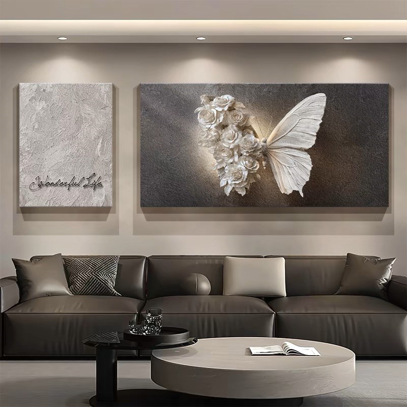 轻奢高级感客厅装饰画浮雕立体感沙发背景墙挂画抽象蝴蝶二联壁画图片