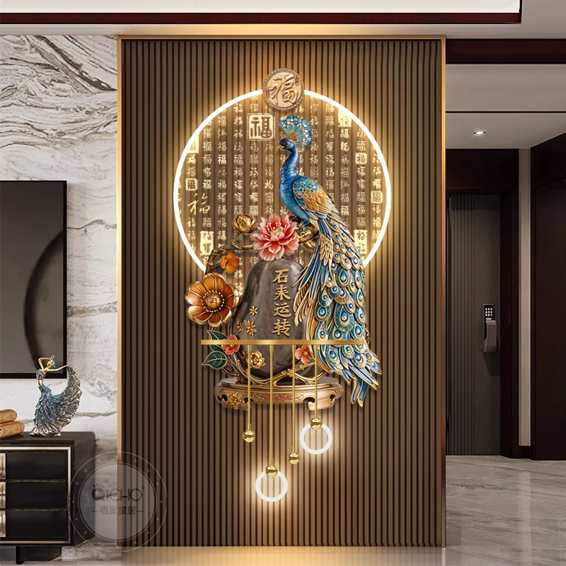 轻奢孔雀玄关装饰画客厅格栅百福图LED带灯挂画走廊立体发光壁画图片