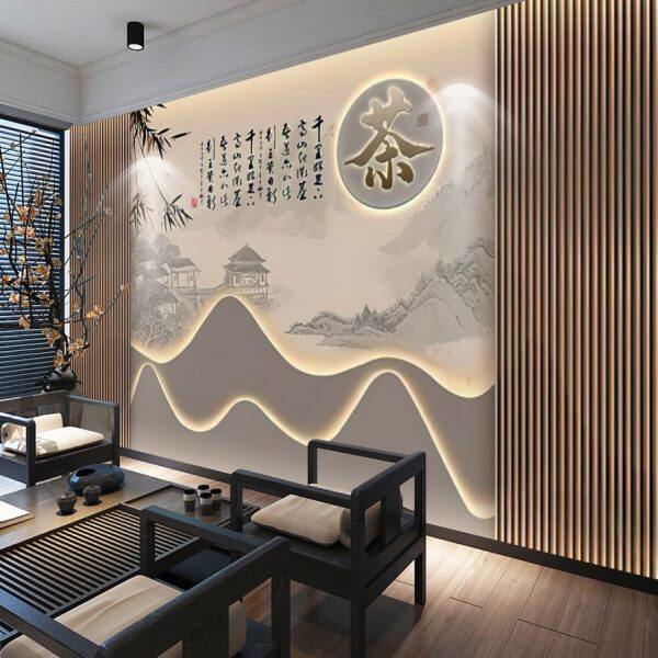 新中式竹木纤维集成墙板轻奢办公茶室装饰水墨山水酒店会所护墙板