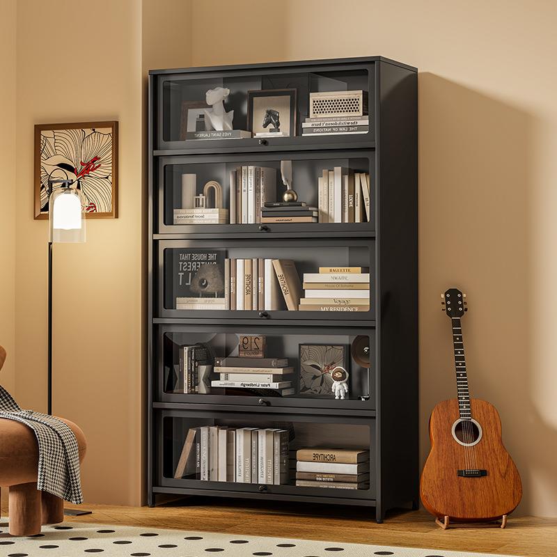 家用钢制玻璃翻门柜多层防尘收纳柜落地一体书柜储物柜痛柜展示柜