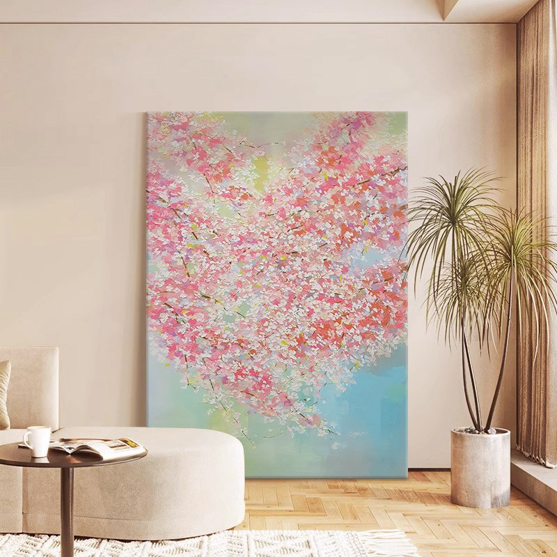 粉色樱花手绘油画奶油风酒店大厅玄关挂画餐厅花卉抽象肌理装饰画图片