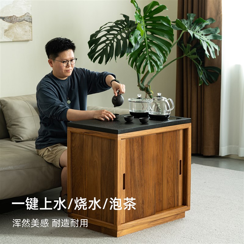实木茶水柜中式家用缅甸柚木茶边柜茶桌侧边柜客厅茶台茶室烧水柜