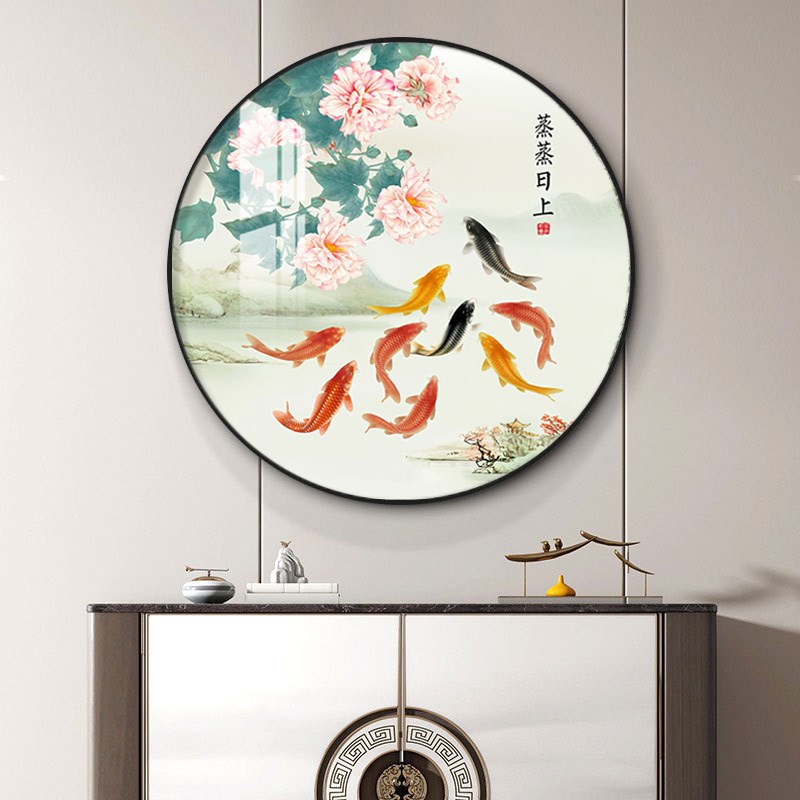 九鱼图挂画进门玄关圆形装饰画餐厅客厅入户风水聚财壁画年年有余图片