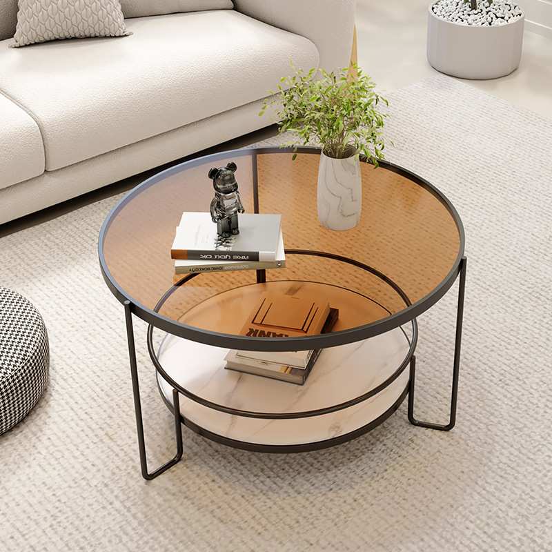 客厅家用小户型阳台桌子网红圆形茶台奶油风玻璃茶几轻奢现代简约