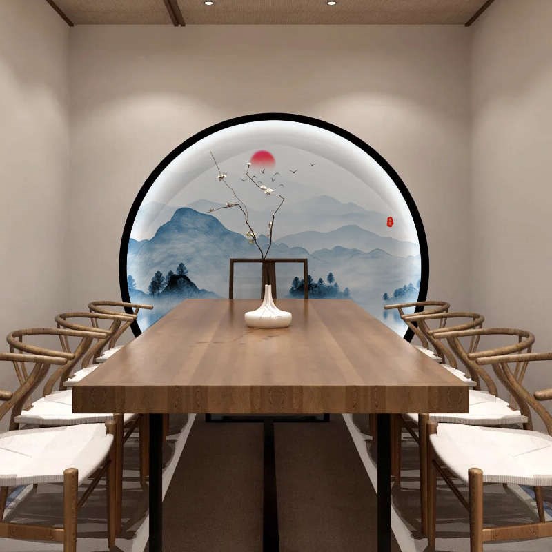 定制圆形新中式玄关装饰画水墨圆圈弧形山水壁纸过道走廊背景墙布图片