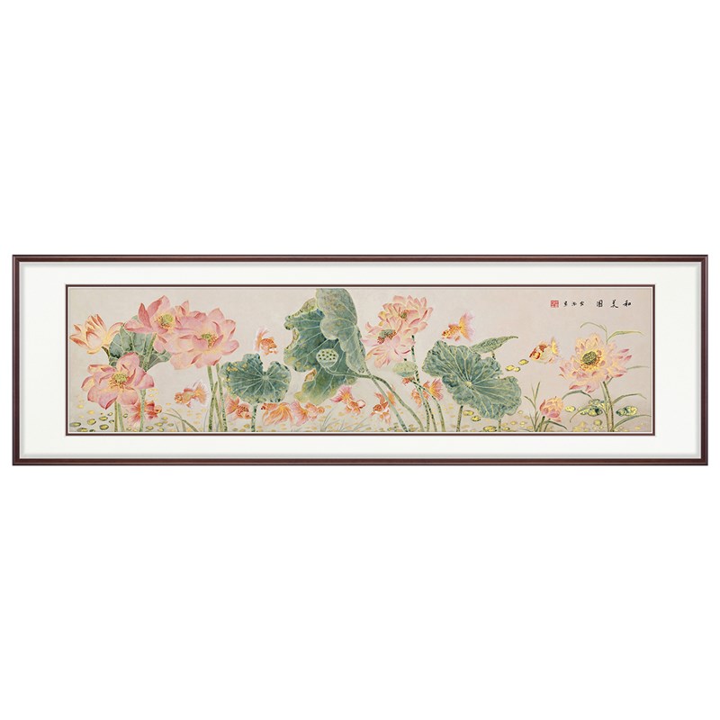 客厅沙发装饰国画鎏金纯手绘挂画和和美美荷花新中式卧室床头墙画图片