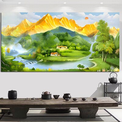 富水金山装饰画背靠金山聚宝盆山水画招财旺宅青山绿水流水生财办