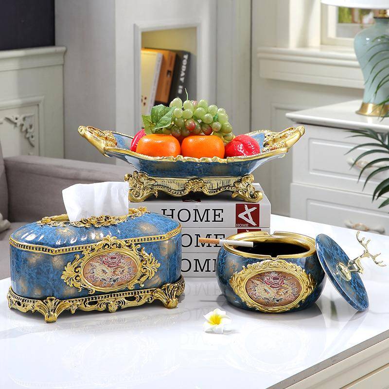 【折扣价】欧式高档水果盘三件套家用纸巾盒客厅轻奢茶几摆件创意
