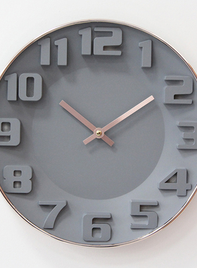 北欧玫瑰金灰色立体刻度数字挂钟客厅静音卧室挂表12寸钟表时钟
