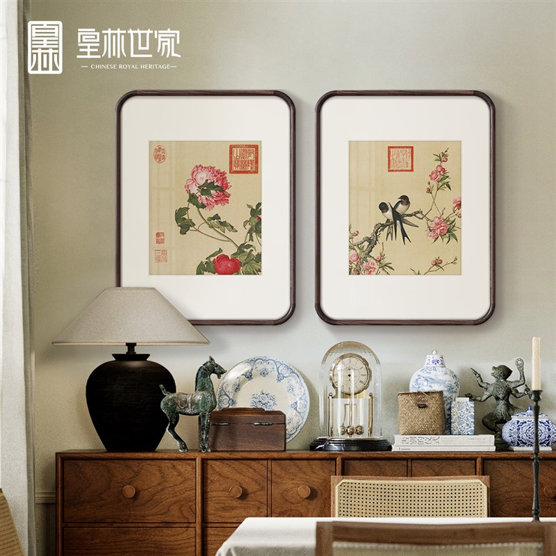 郎世宁中古风客厅装饰画新中式卧室餐厅玄关花鸟复古挂画牡丹荷花图片