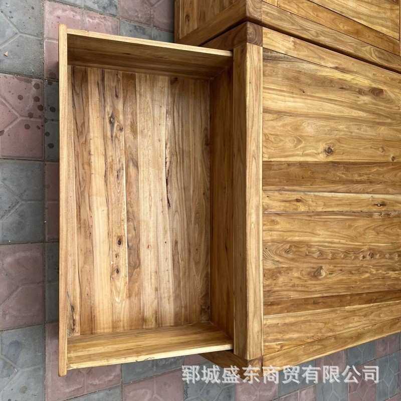 新中式老榆木床榻榻米实木床箱体双人床带储物床原木家具落地式床